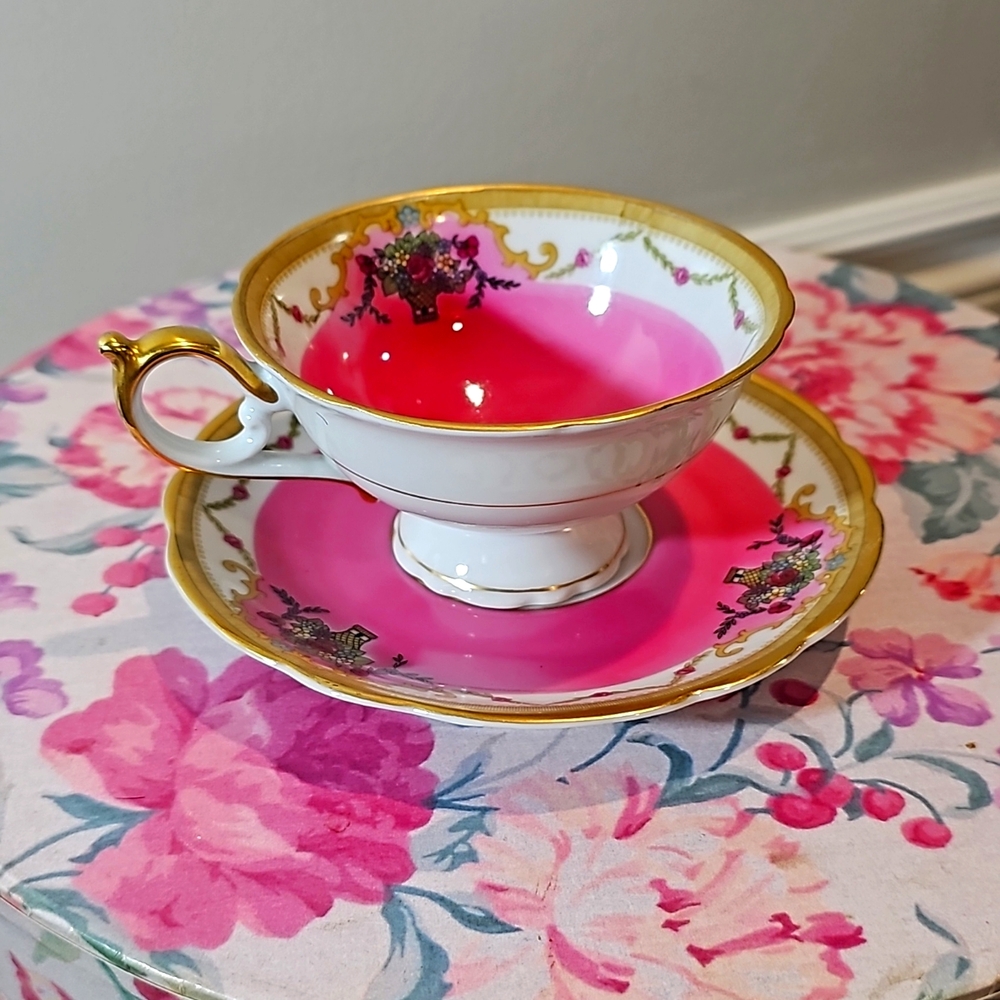 Royal Bayreuth China Teacup and Saucer Pink Gold White